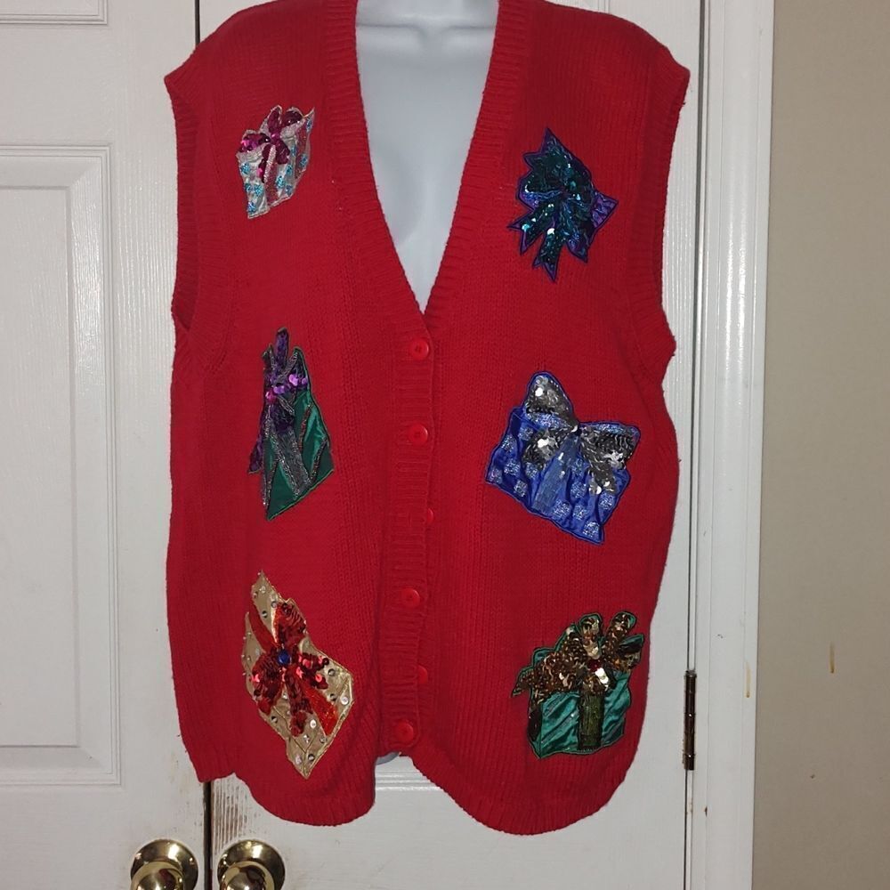 Work in Progress red Christmas Present sequin sweater vest cardigan Sz 2X